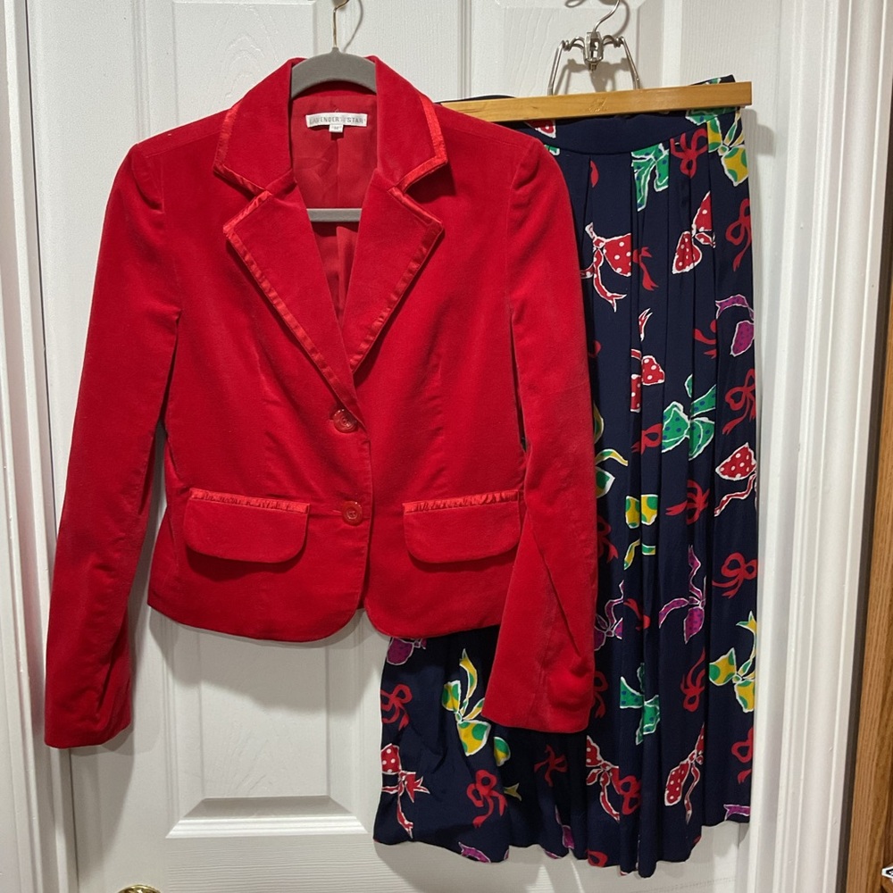 Beautiful Red Velvet Blazer and Maxi Navy Skirt with Colorful Ribbon 🎀Bow Design